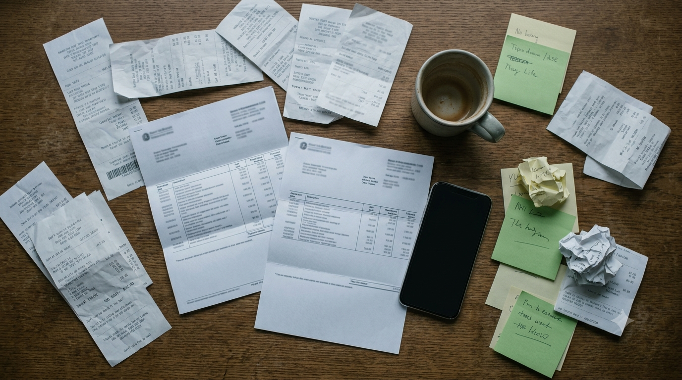 A desk of scattered receipts and statements